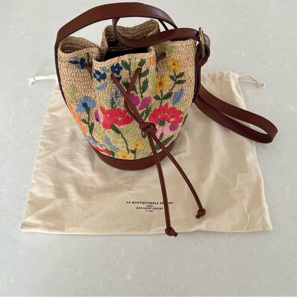 Sezane Mini Farrow Raphia Bucket Bag Embroidered